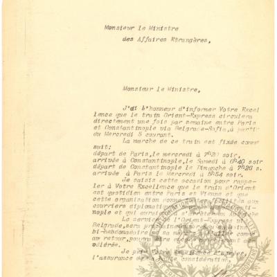 Wl courrier lancement de la ligne orient express au ministre des affaires etrangeres 4 novembre 1888